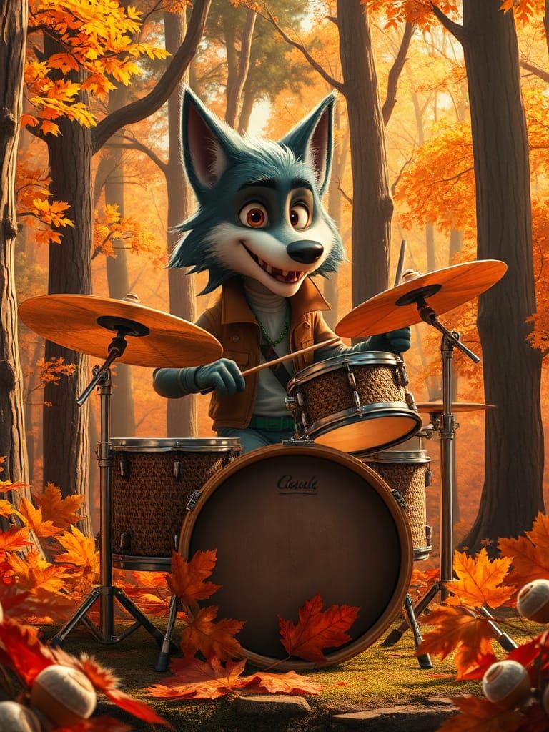 Cartoon Wolf Rocker in Autumn Forest