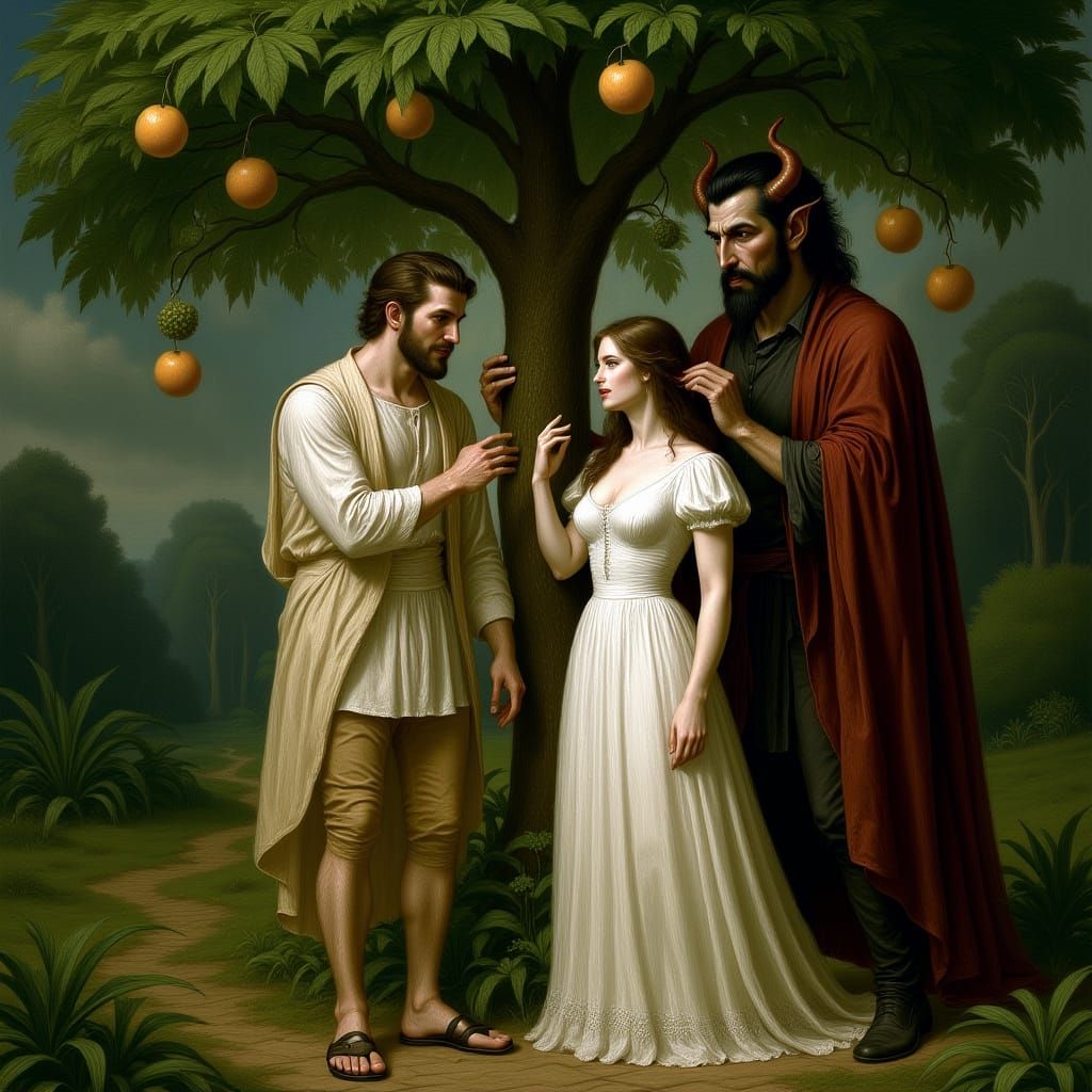 Adam and Eve in Fantasy Garden, Neoclassical Style