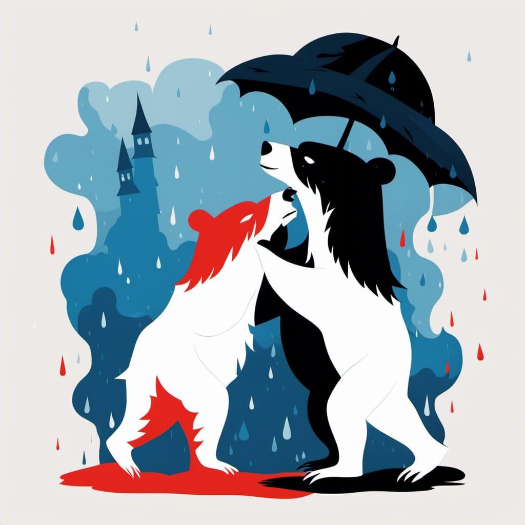 Minimalist Bear and Witch Embrace in Silhouette