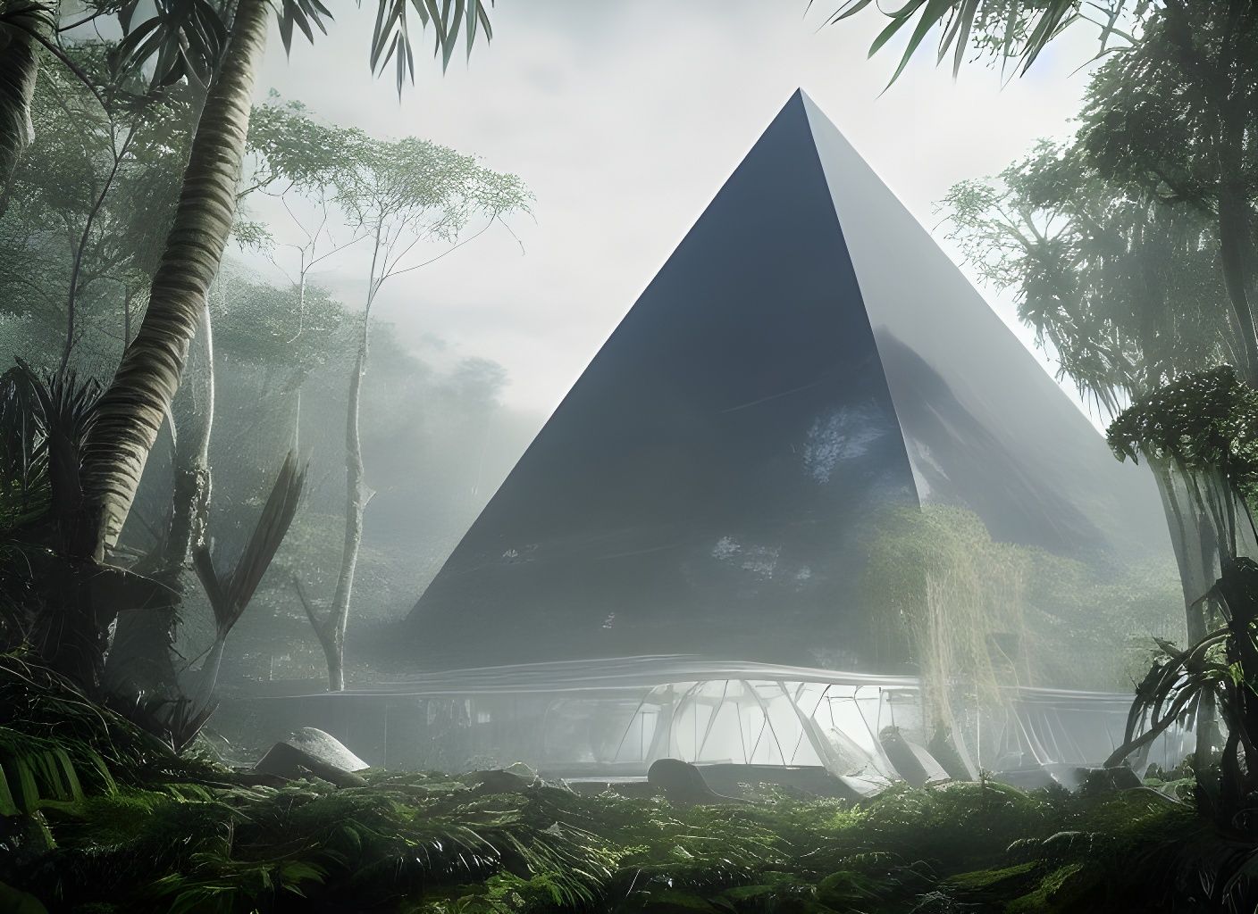 Futuristic Pyramid Abandoned in Lush Jungle