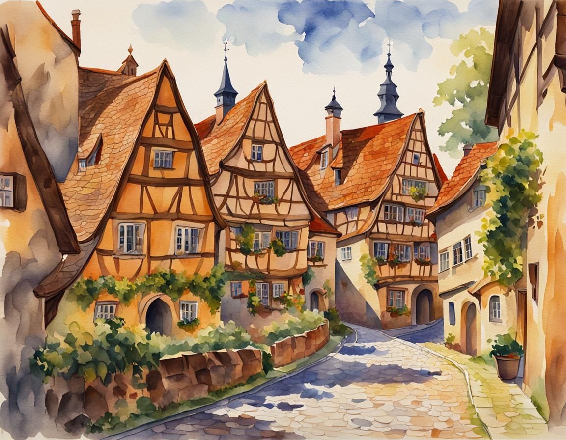 Charming Medieval Townscape in Watercolor Painting Style