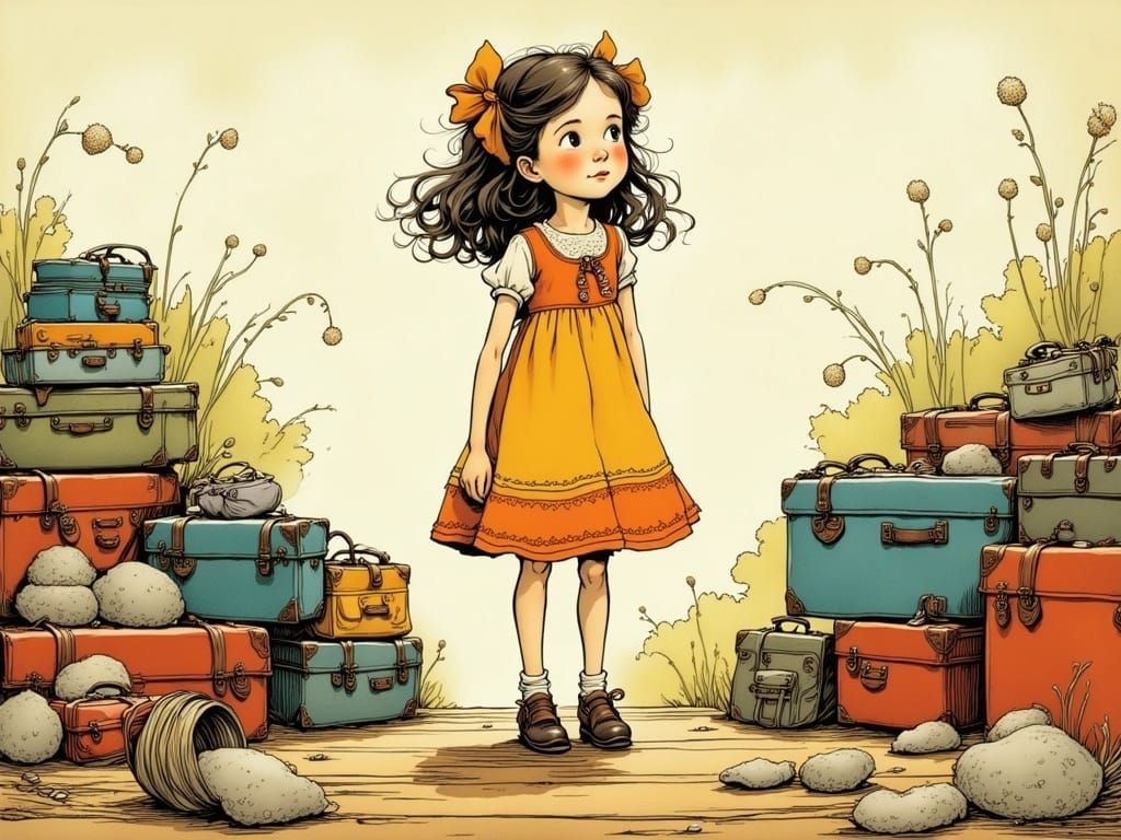 A Young Girl Waits on a Platform with Suitcases in a Retro-F...