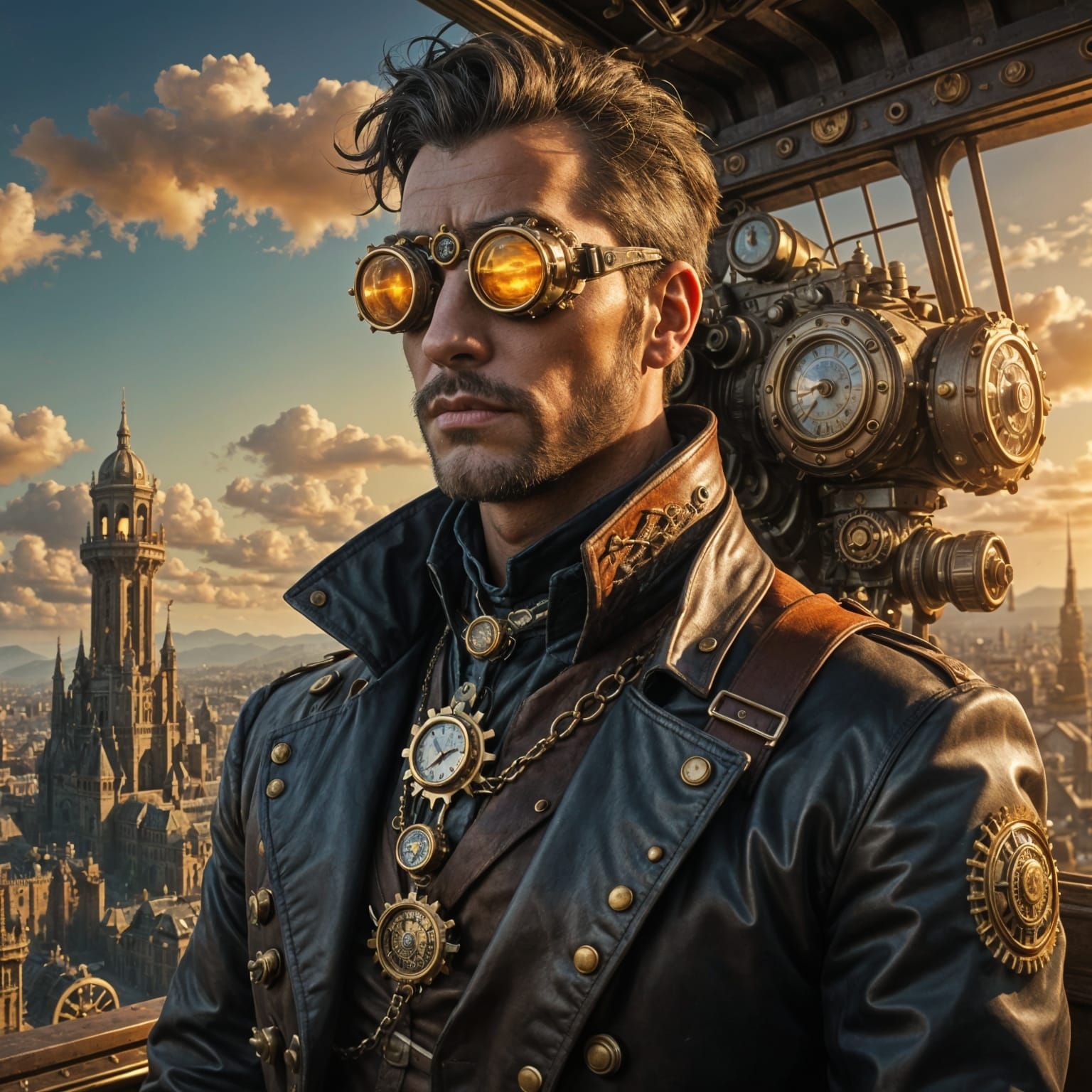 Steampunk Airship Captain Over Clockwork City
