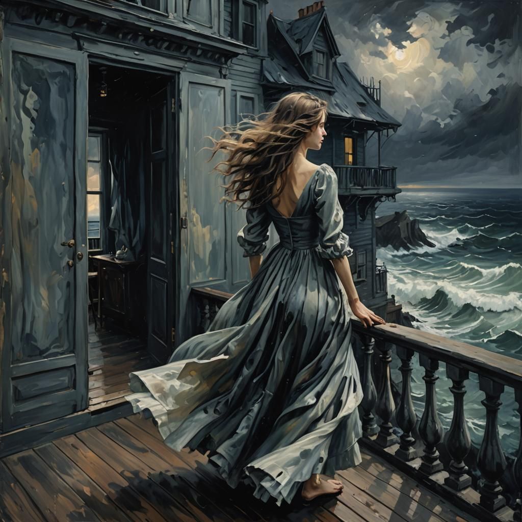 Eerie Seaside House: Impressionistic Woman on Balcony