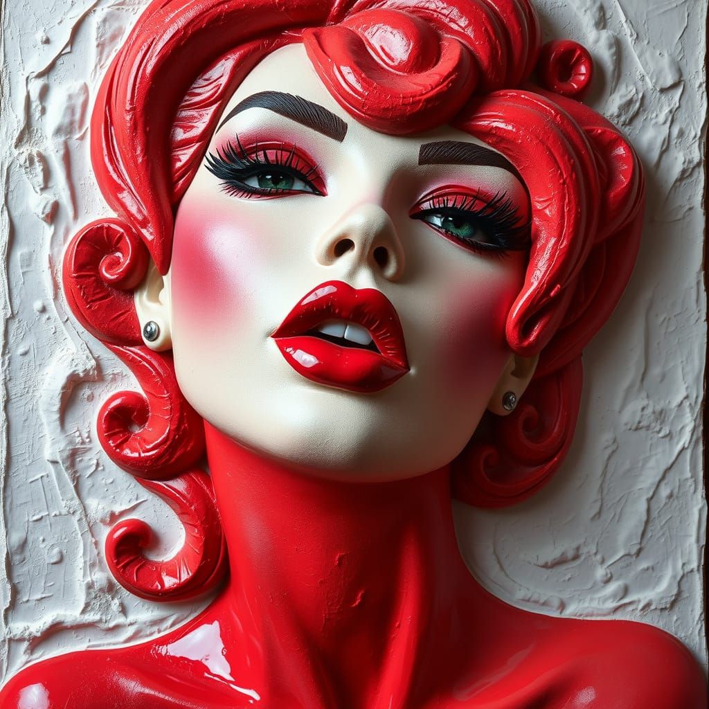 Vibrant Red Goddess in Rich Embossed Relief