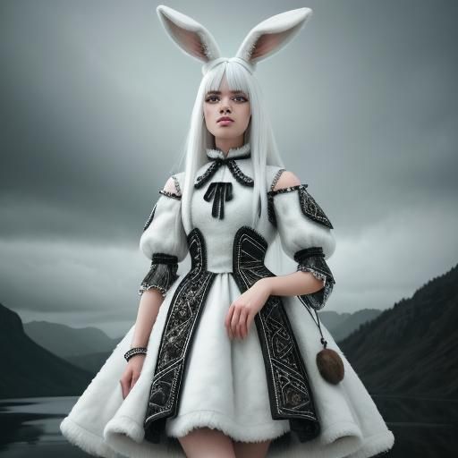 Teen Girl with Rabbit Ears in Animal Hide Dress