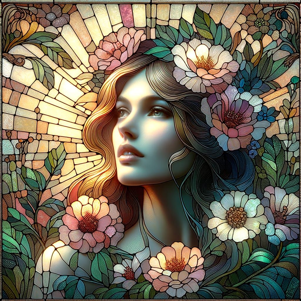 Art Nouveau Woman in Stained Glass Style