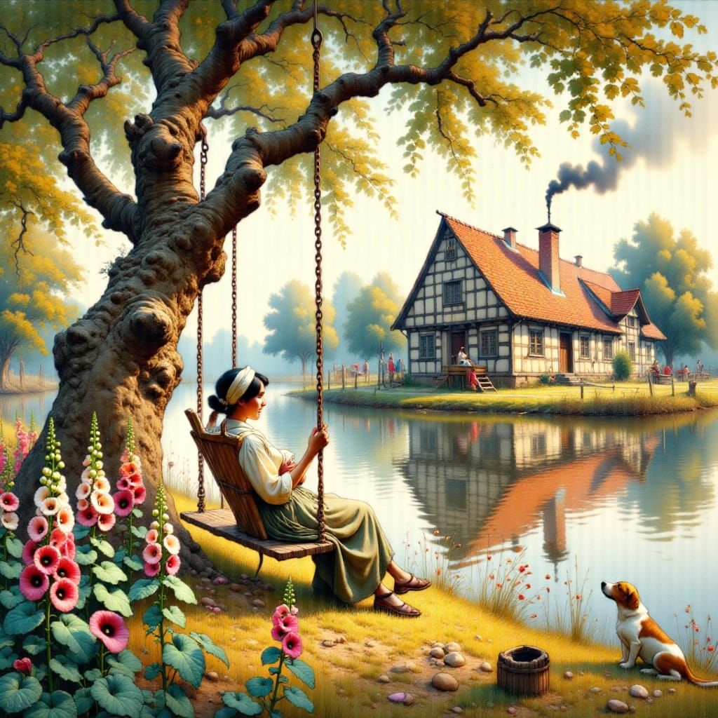 Impressionistic Island Scene with Woman on Swing