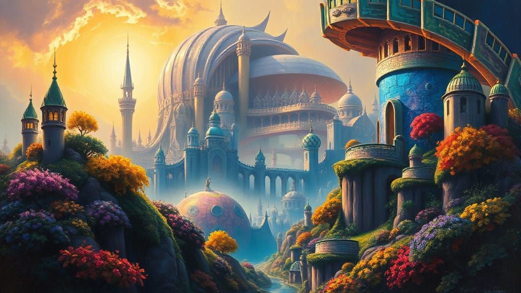 Dreamlike Mystical Cityscape in Traditional Oil Painting Sty...