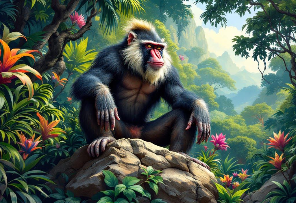 Regal Mandrill in Jungle, Hildebrandt Style