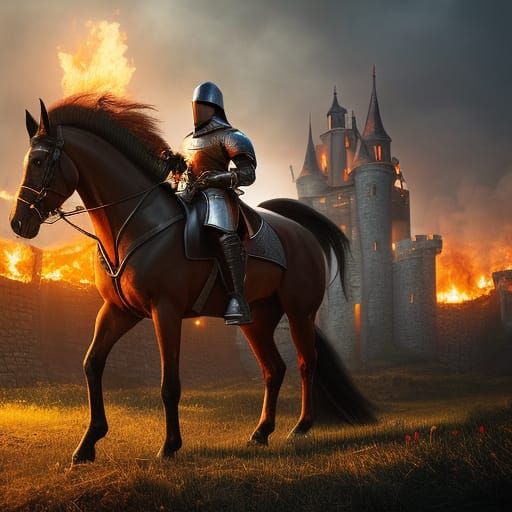Dark Fantasy Knight Rearing Horse Before Burning Castle