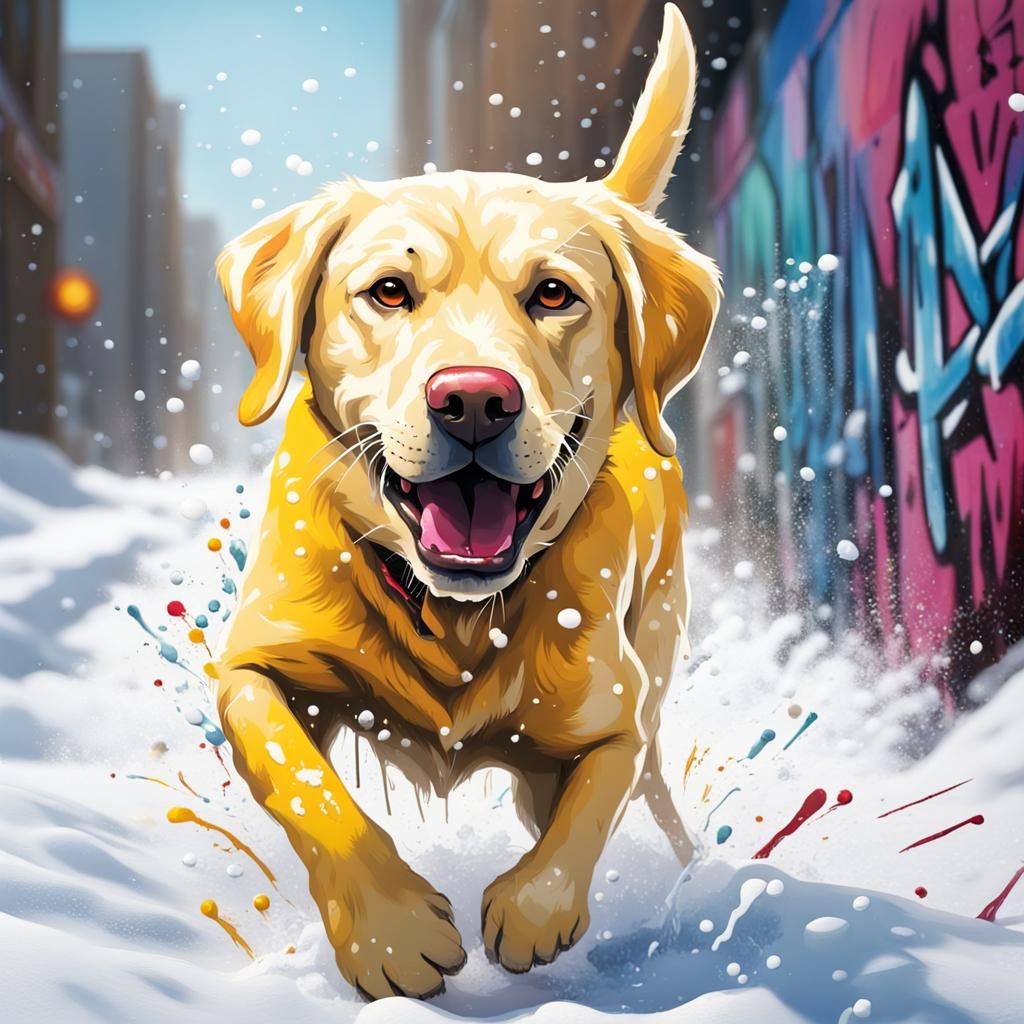 Smiling Labrador Retriever in Snow: Graffiti Art Style