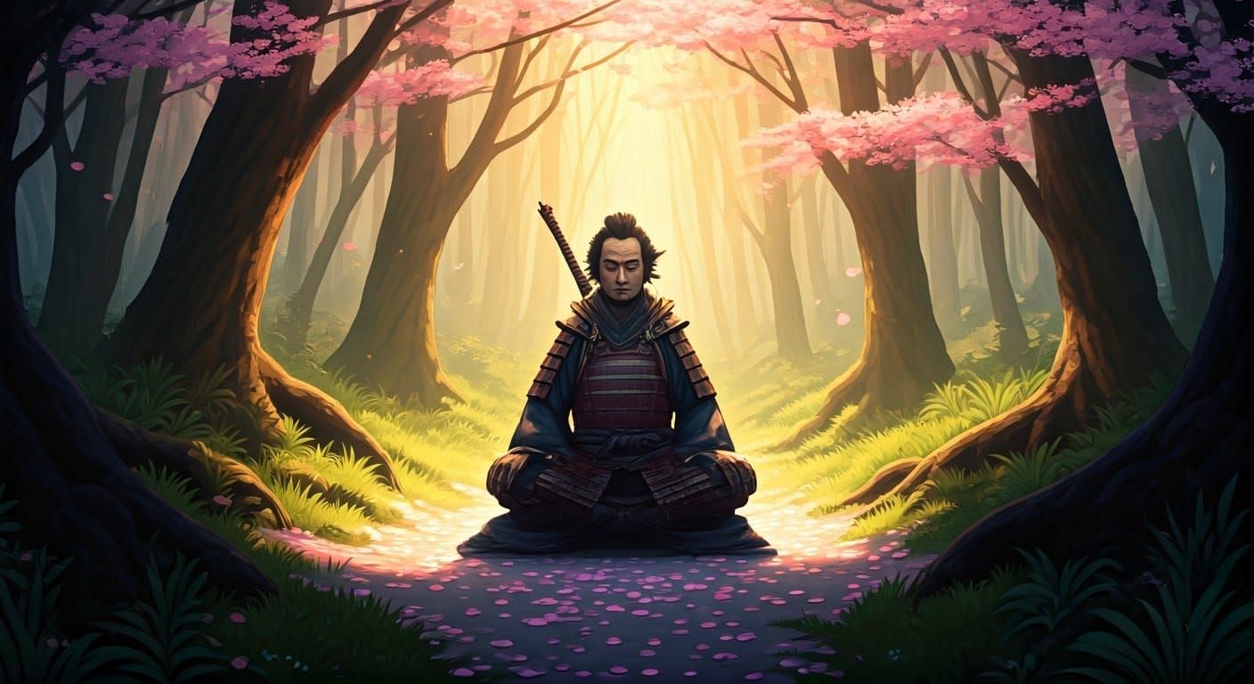 Samurai Meditation in Cherry Blossom Forest, Anime Style
