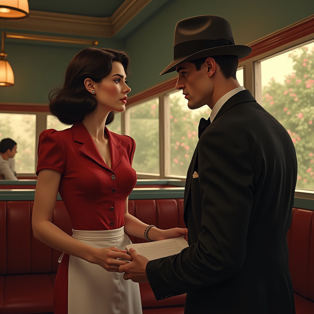 1950s Diner Scene in Film Noir Style