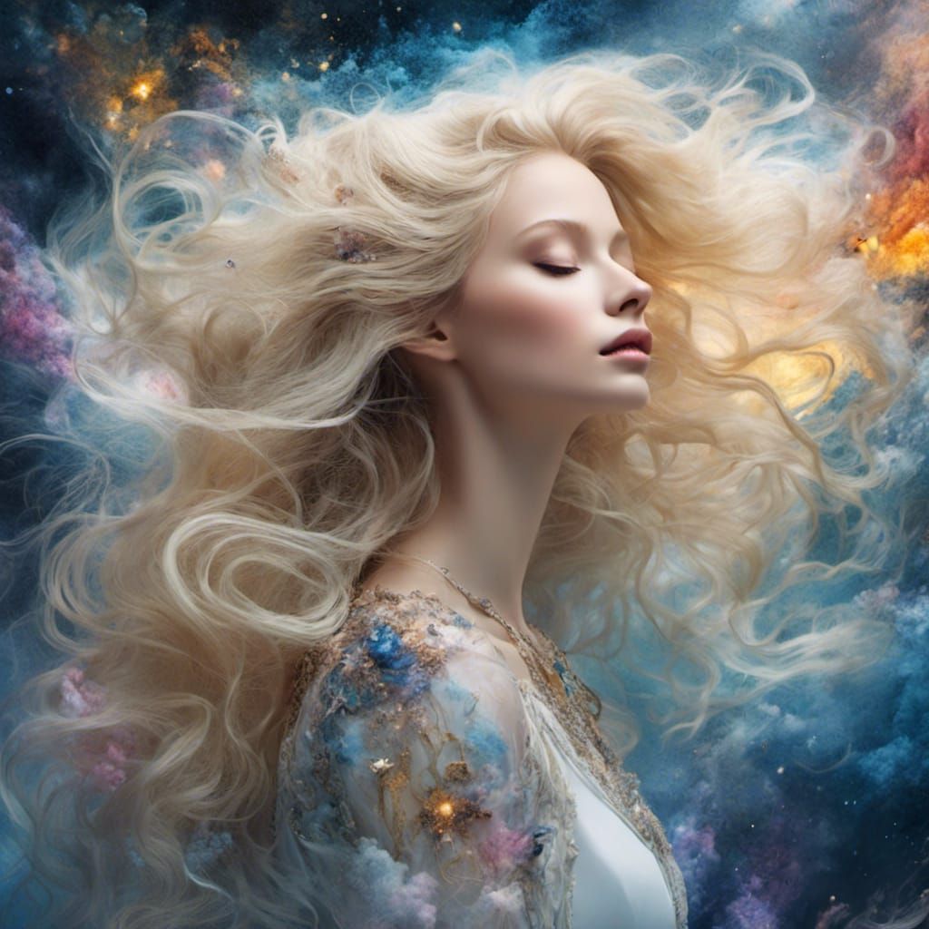 Woman in Clouds and Colored Smoke Sky