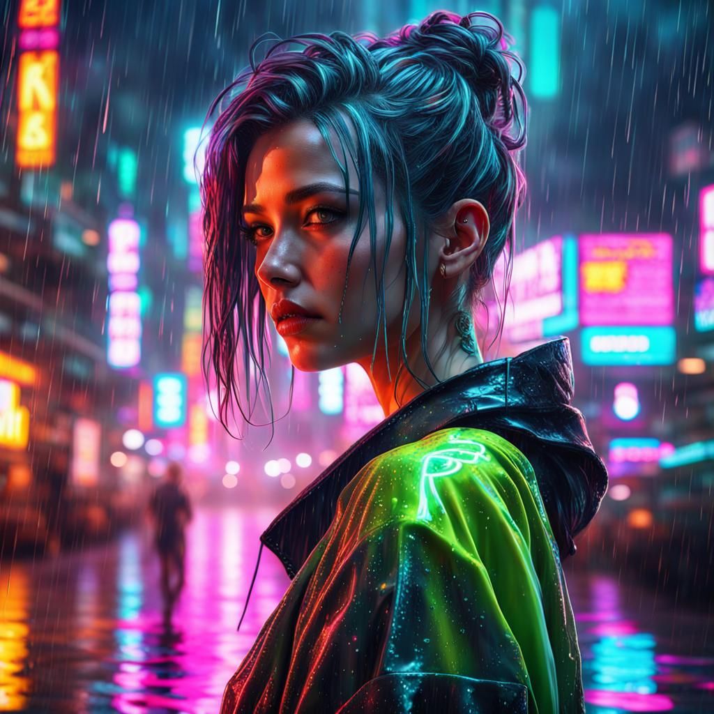 Dreamy Cyberpunk Girl in Rainy Neon Setting