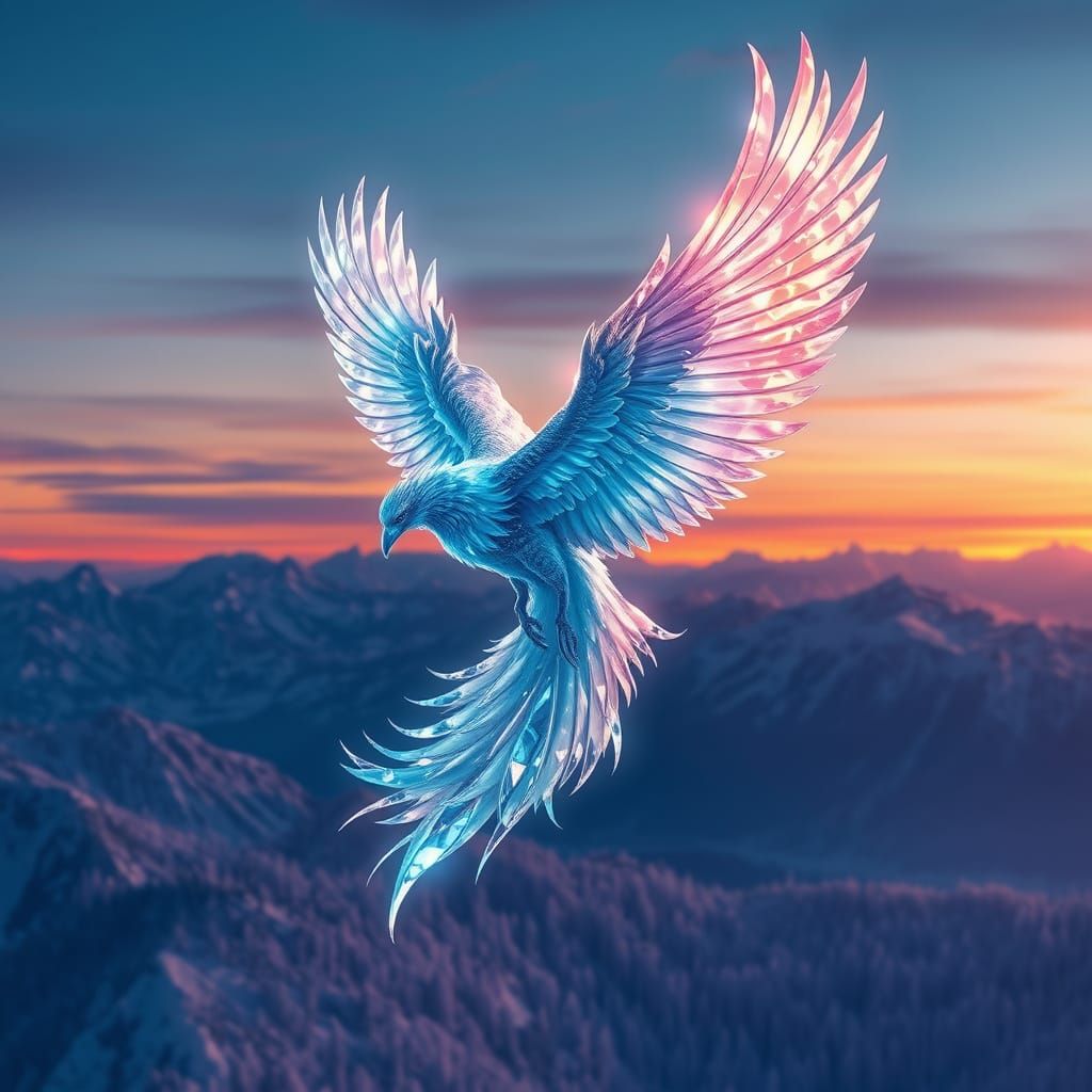 Crystal Phoenix Soaring Through Twilight Sky