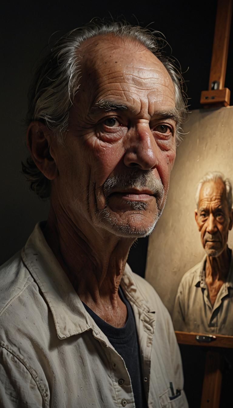 Photorealistic Portrait of an Old Painter in Studio