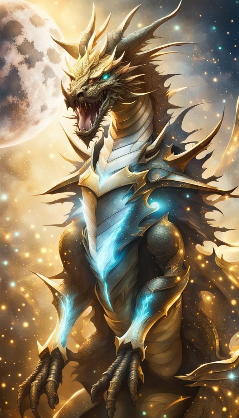 Armored Dragon Soaring Among Neon Stars