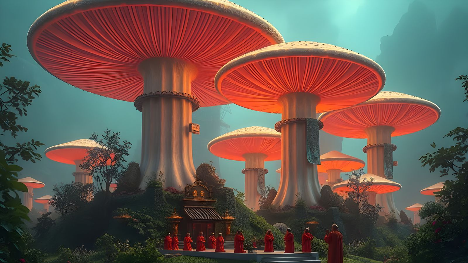 Glowing Fungal Temples with Miniature Devotees