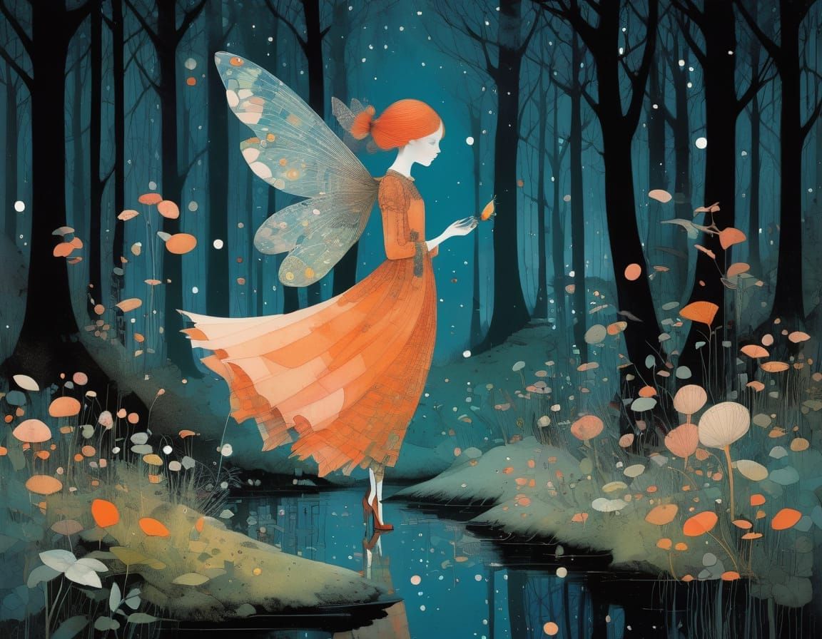 Whimsical Fairies Dancing in a Peach-Colored Woodland