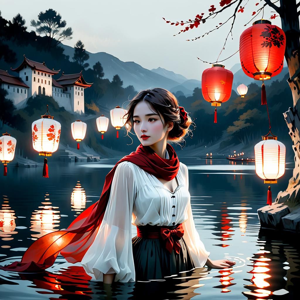 Lakeside Woman with Lanterns in Art Nouveau Style