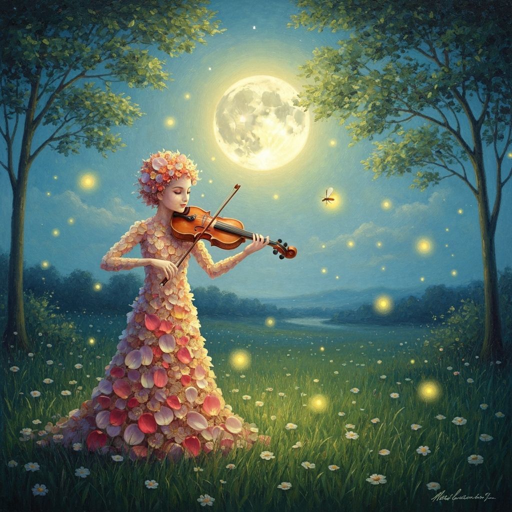 Floral Violinist in Moonlit Meadow, Romantic Style