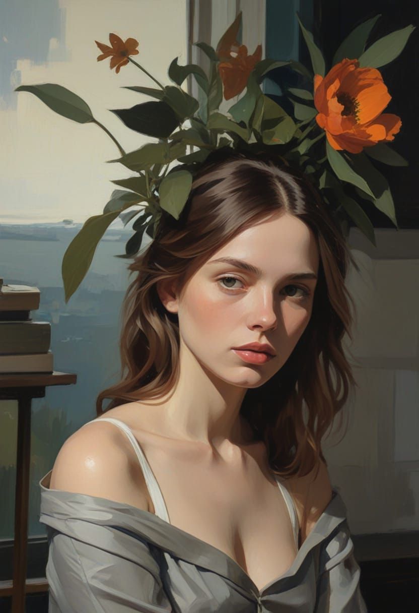 Contemplative Interior with Flowers in West Coast Style