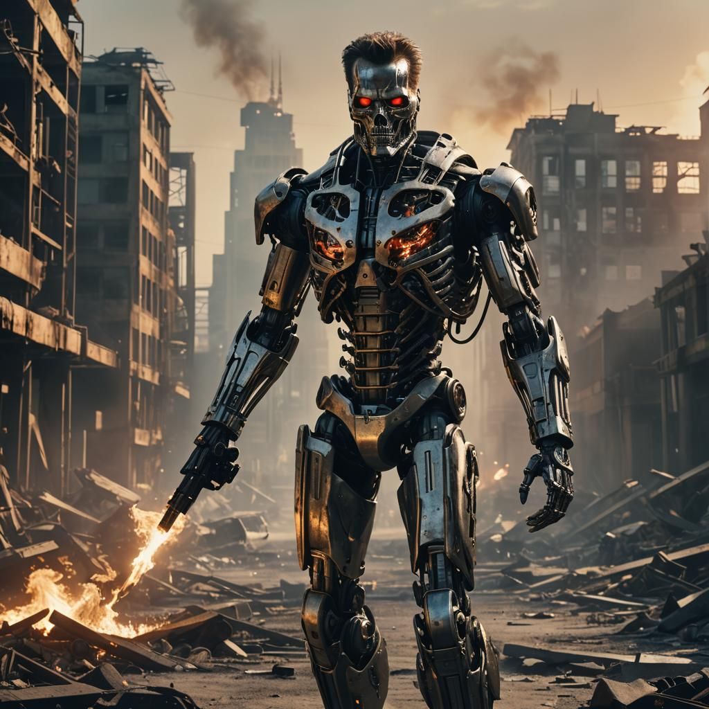Terminator T800 in War-Torn Cityscape