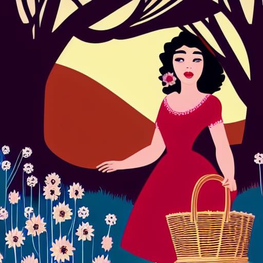 Fairytale Lady Collecting Flowers: Geometric Digital Art