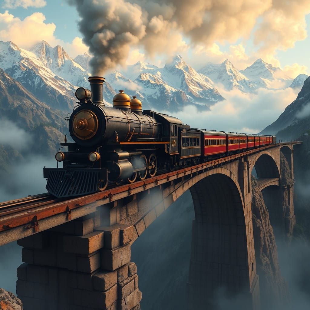 Ethereal Steam Locomotive Crosses Majestic Mountain Pass
