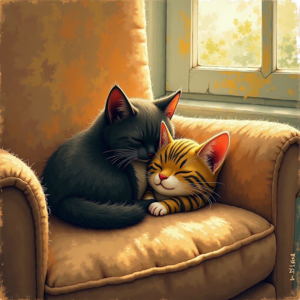 Fluffy Kittens Snuggling on Armchair