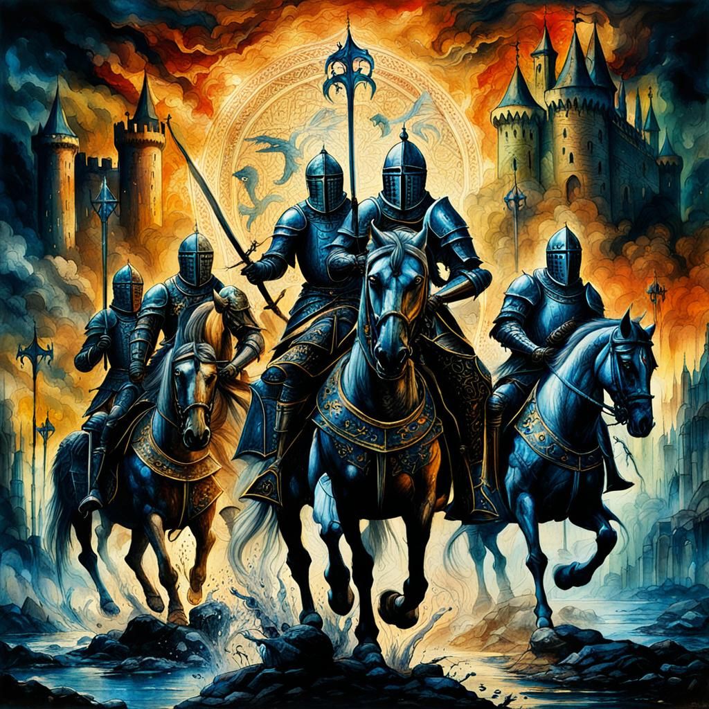 Four Horsemen on Medieval Manuscript, Detailed Matte Paintin...