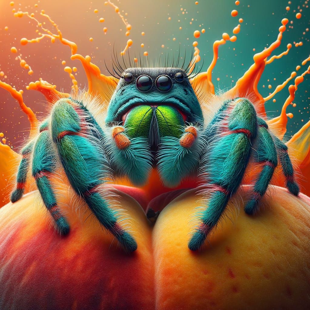Hyperrealistic Jumping Spider on Peach in Splash Art