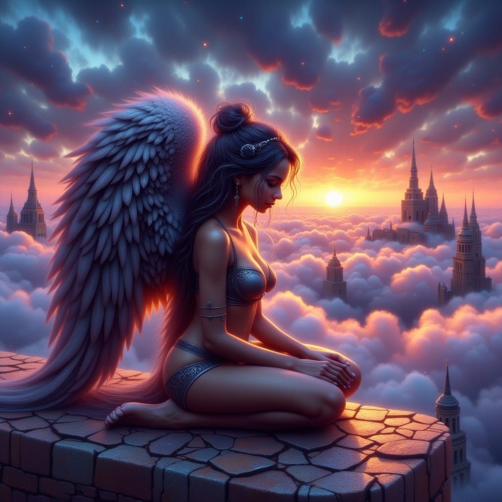 Dark Angel Kneeling on Rooftop at Twilight