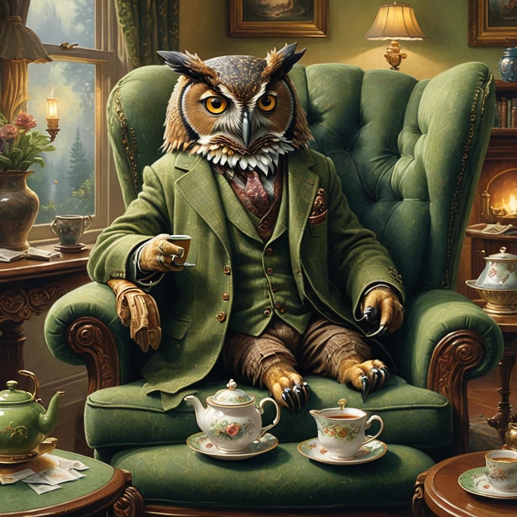 Owl in Tweed Jacket Enjoying Tea, Fantasy Art