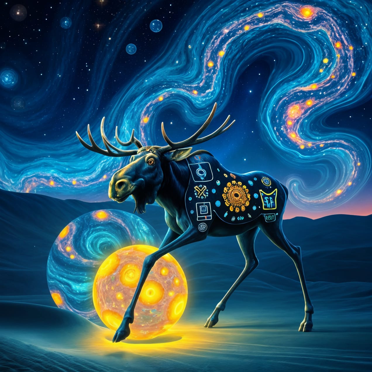 Bioluminescent Moose Pushing Galaxy Ball in Surreal Desert