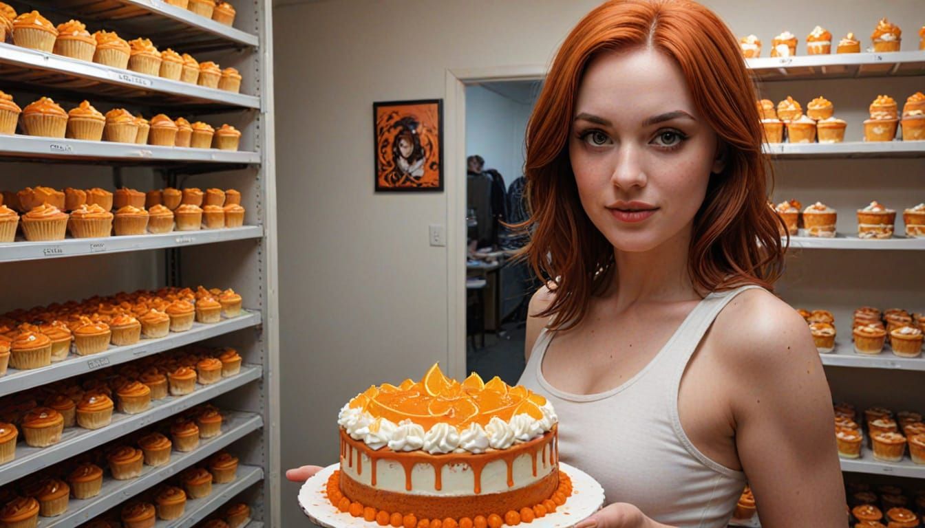 Modern Girl Admires Comic Book-Inspired Orange Cake