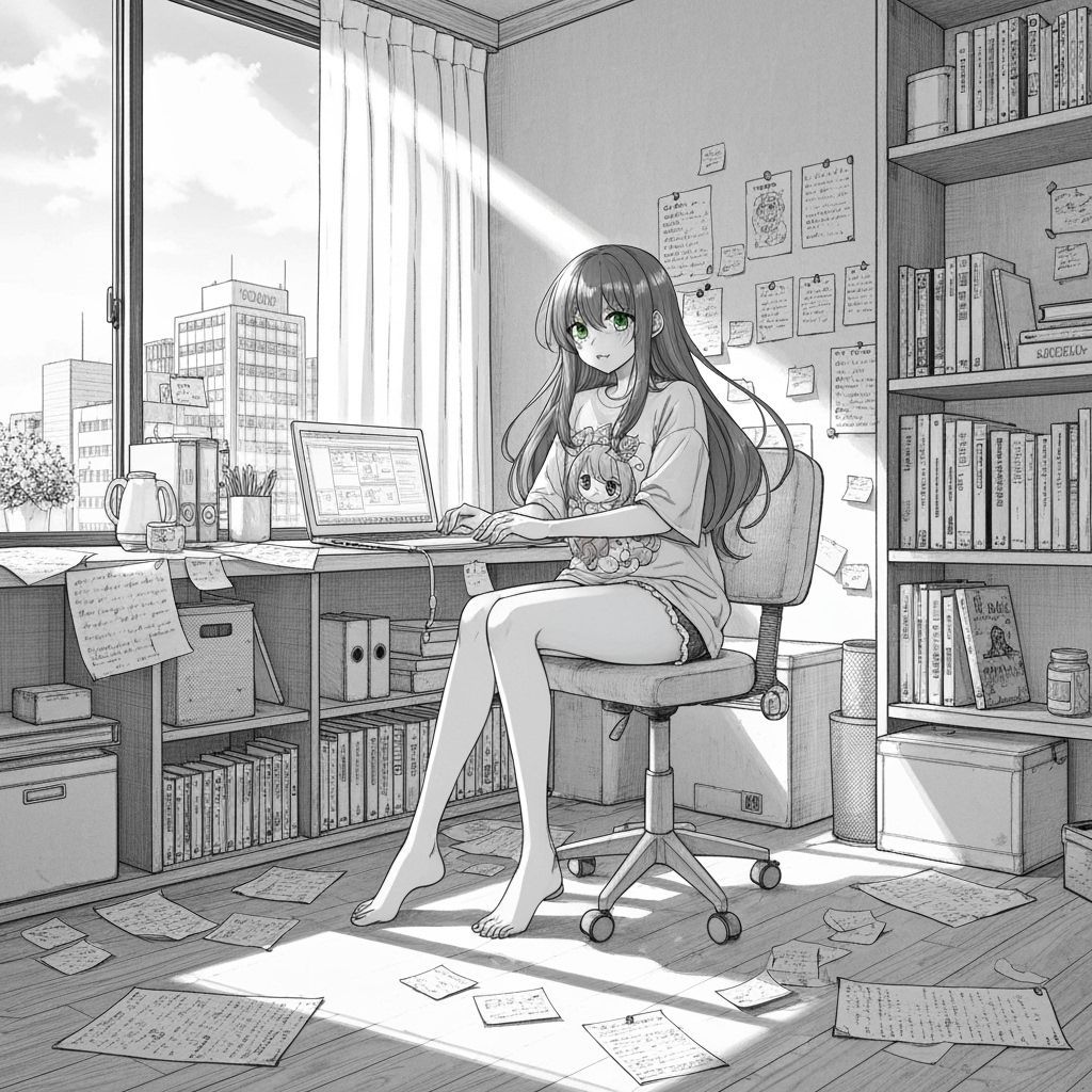 Japanese Woman in Manga Style Home Office