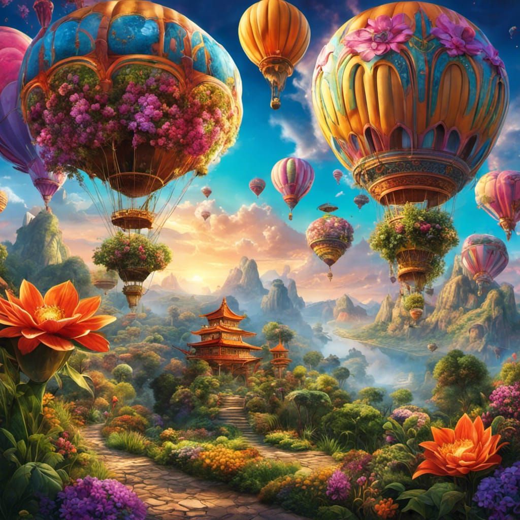 Whimsical Unearthly Landscape with Floating Flower Towers
