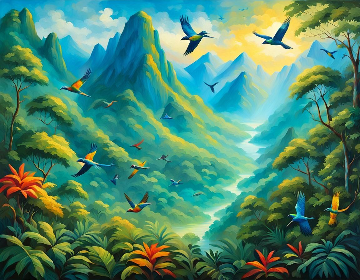 Exotic Jungle Landscape with Colorful Birds as Oil Painting