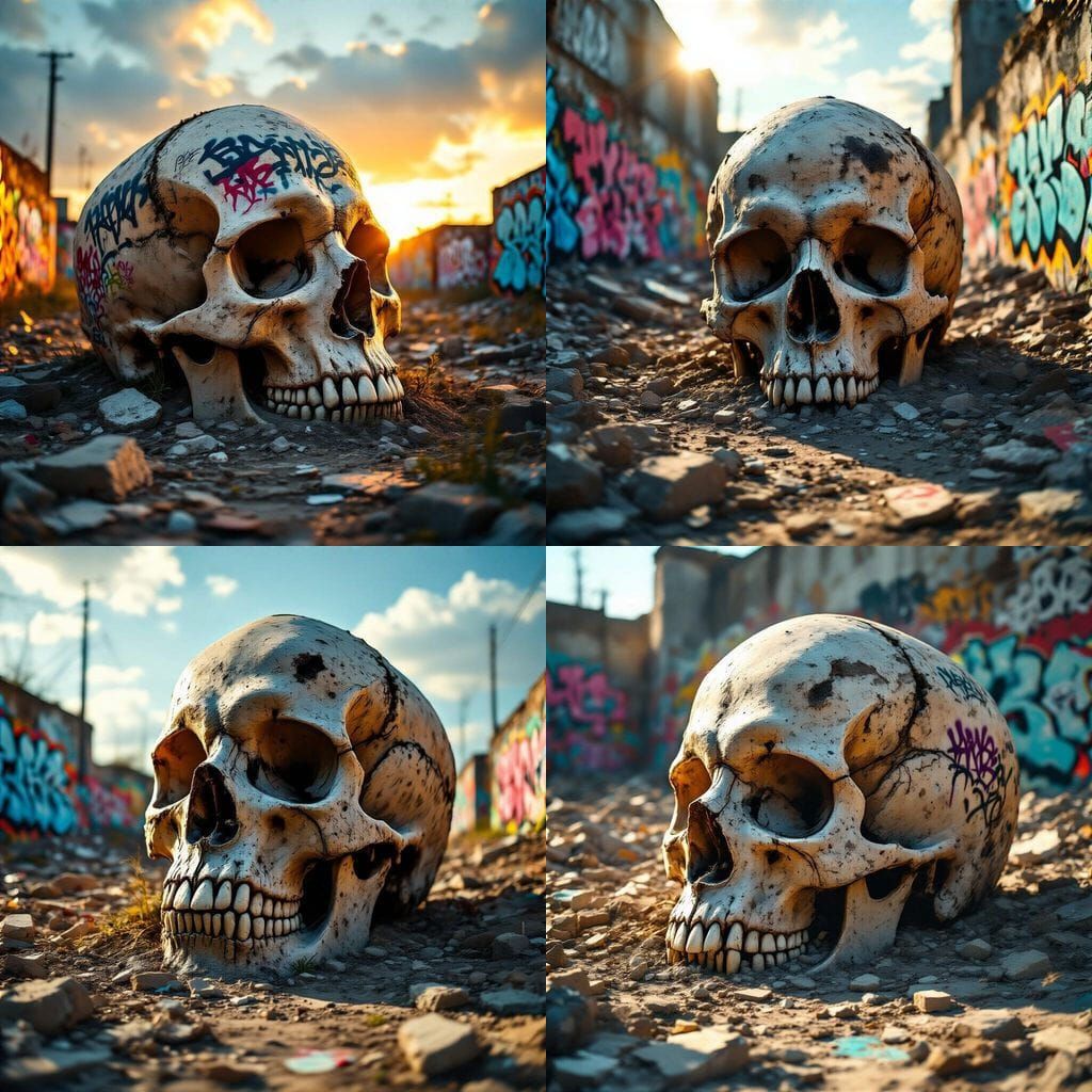 A skull lies amidst rubble, with graffiti in the background.