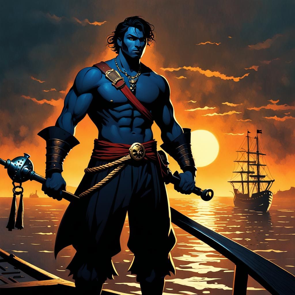 Dark Fantasy Pirate with Mace on Ship Deck