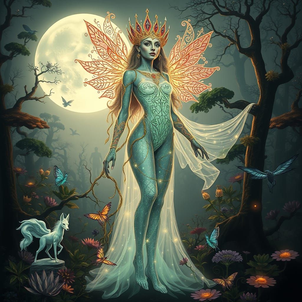 Ethereal Goddess Blodeuwedd Radiates Celestial Aura in Dream...