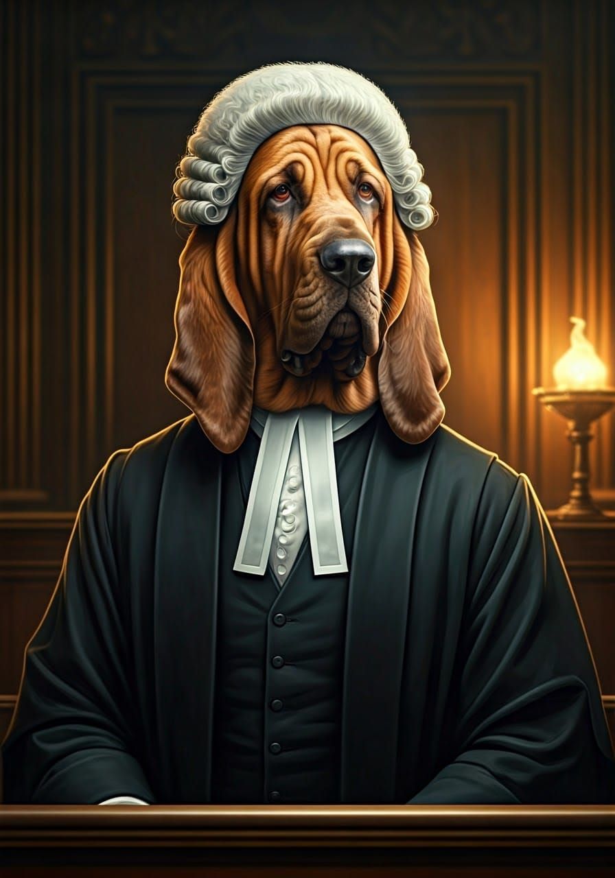 A serious looking bloodhound dressed as a British judge in a courtroom