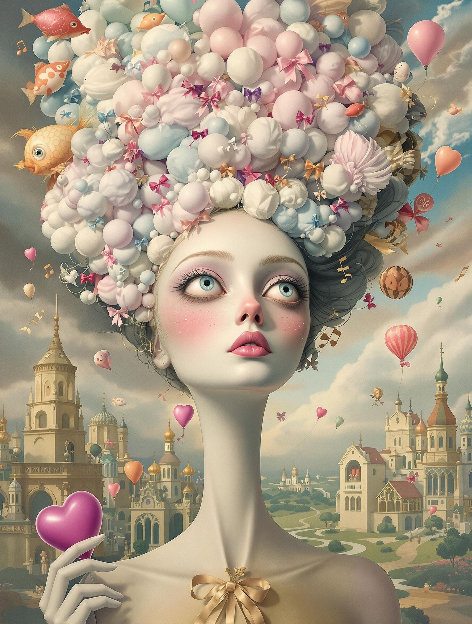 Surreal Woman with Floating Balloons and Whimsical Village