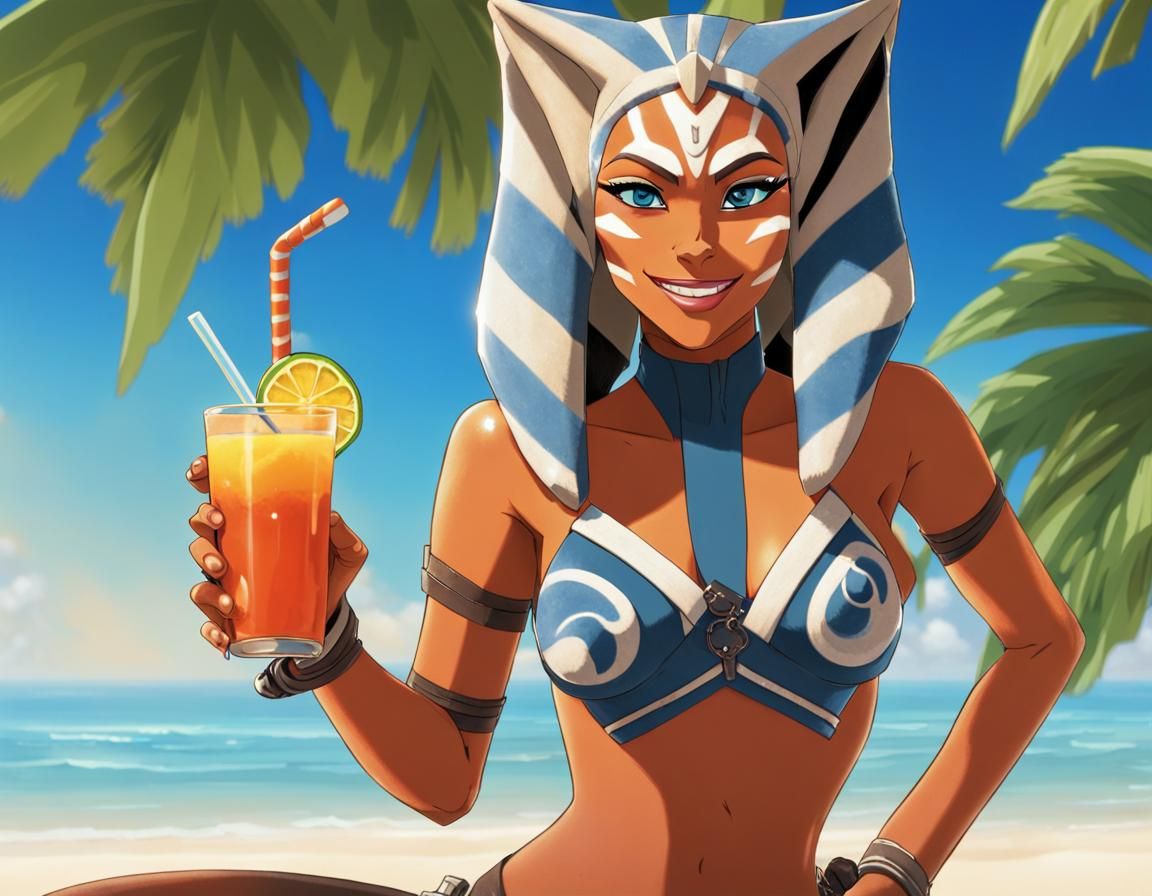 Ahsoka on a Tropical Beach with Twin Suns