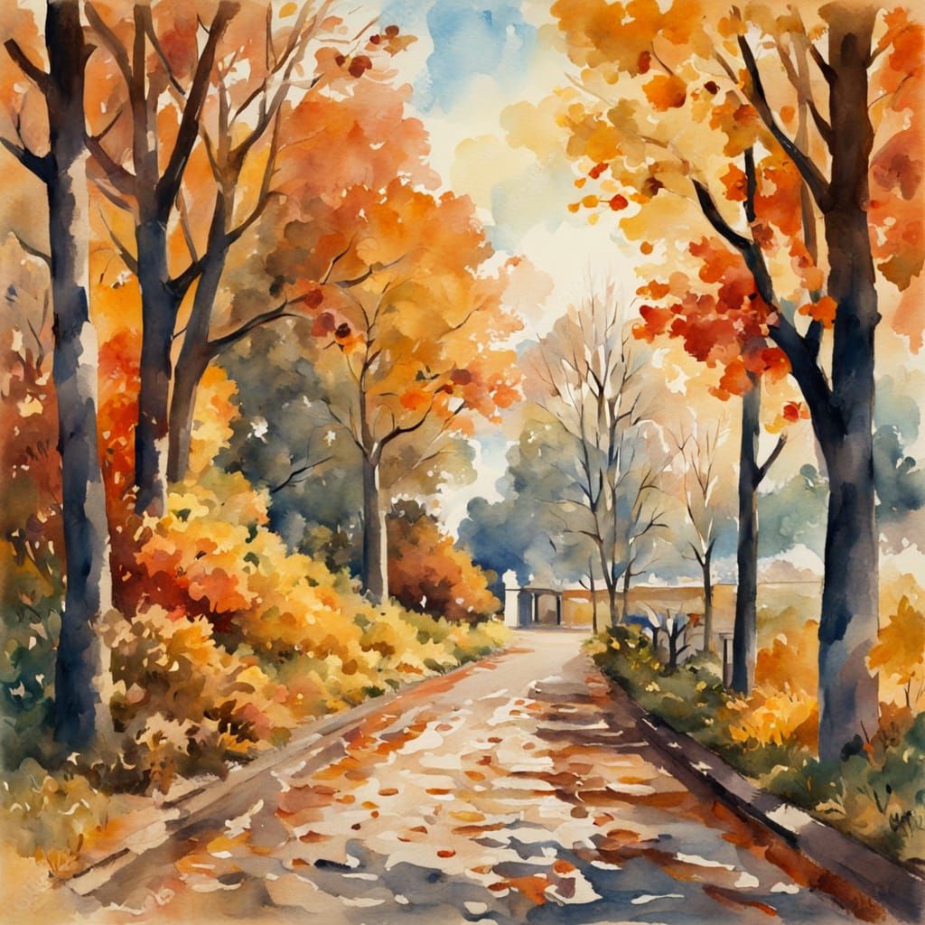 Autumn Landscape in Gouache and Watercolor Style