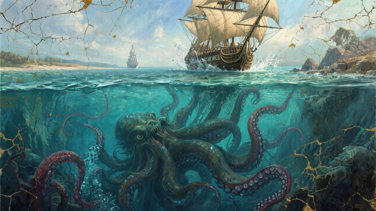 Kraken's Rise: A Classic Fantasy Oil Painting