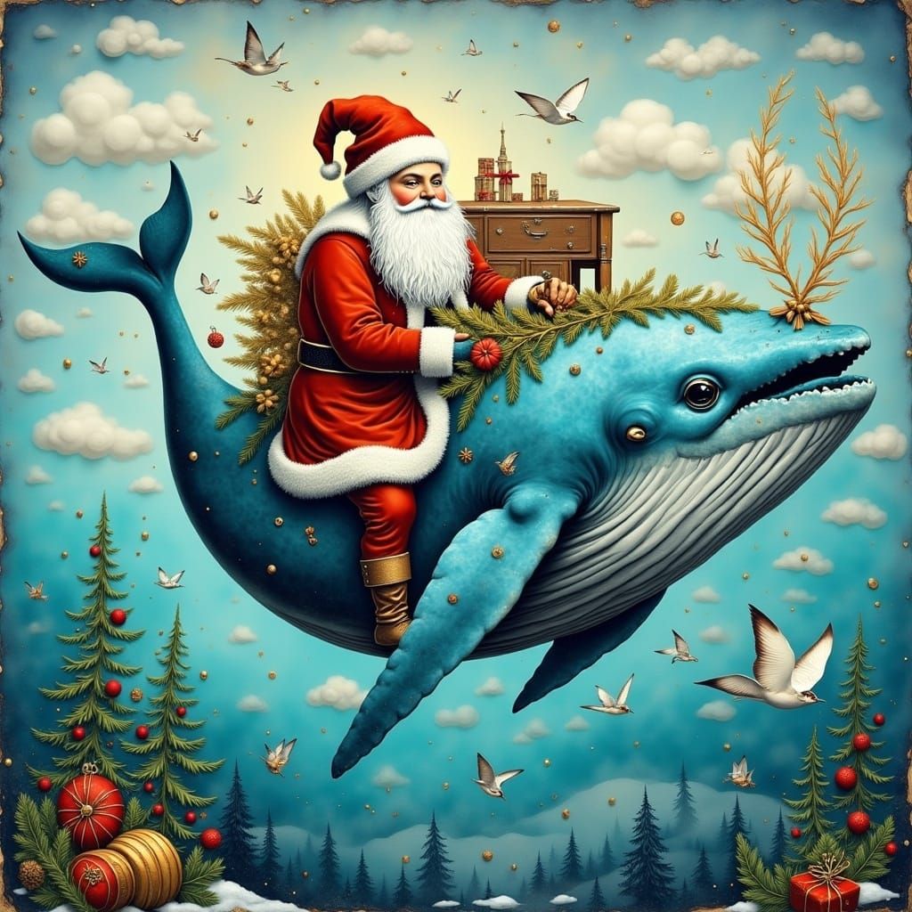 Surreal Santa Rides Blue Whale in Christmas Sky